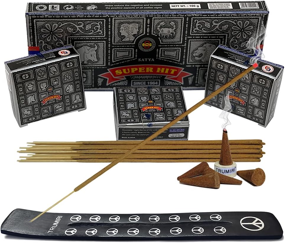 Super Hit Incense Sticks and Cones Variety Pack with Burner Holder Bundle from Satya Incense 100g Trumiri for Smudging and Aroma