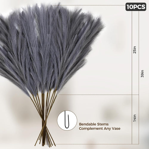 10 Pcs 39''/3.2FT Faux Pampas Grass Decor, Large Tall Fluffy Artificial Fake Flower, Bedroom Decor Boho Decor Pompas Floral for Vase Filler Farmhouse Home Wedding Decor (Grey)