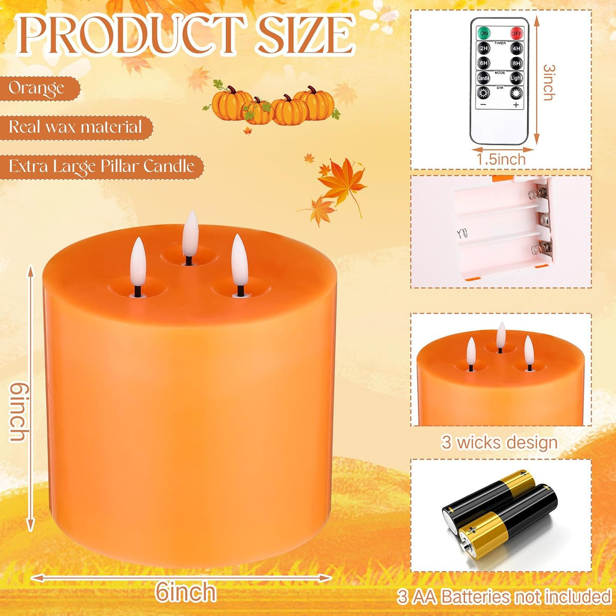 Retisee 1 Pack Orange Extra Large Flameless Candles 6" x 6"