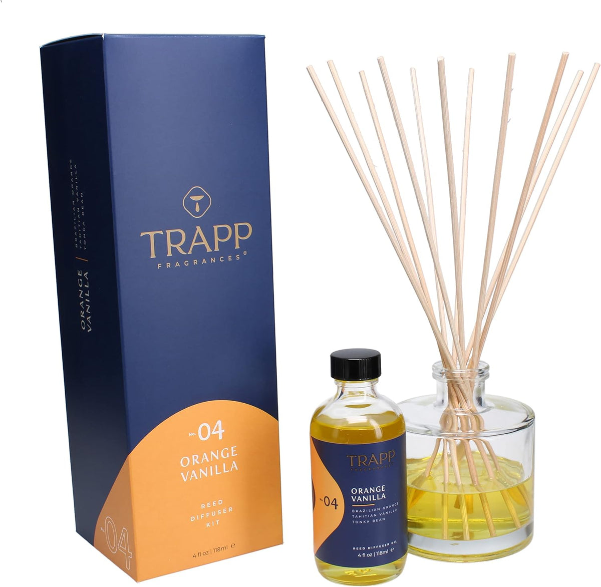 Trapp - No. 04 Orange Vanilla - Reed Diffuser Kit - 2 Sets of 12 Reeds, Scented Diffuser Oil (4 oz.), Vase - Long Lasting Scent Notes of Brazilian Orange, Tahitian Vanilla, and Tonka Bean