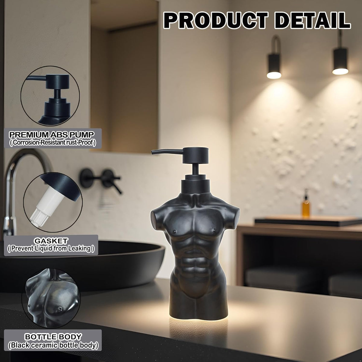 Ceramic Boy Soap Dispenser,Lotion and soap Dispenser Set Refillable Liquid Hand Soap Dispenser for Bathroom Kitchen (Black)