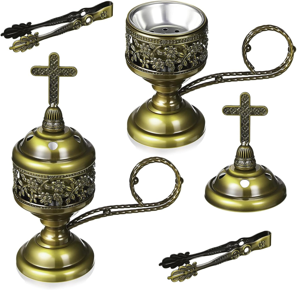 Zonon 2 Sets Incense Burner with Tong, Bronze, Classic