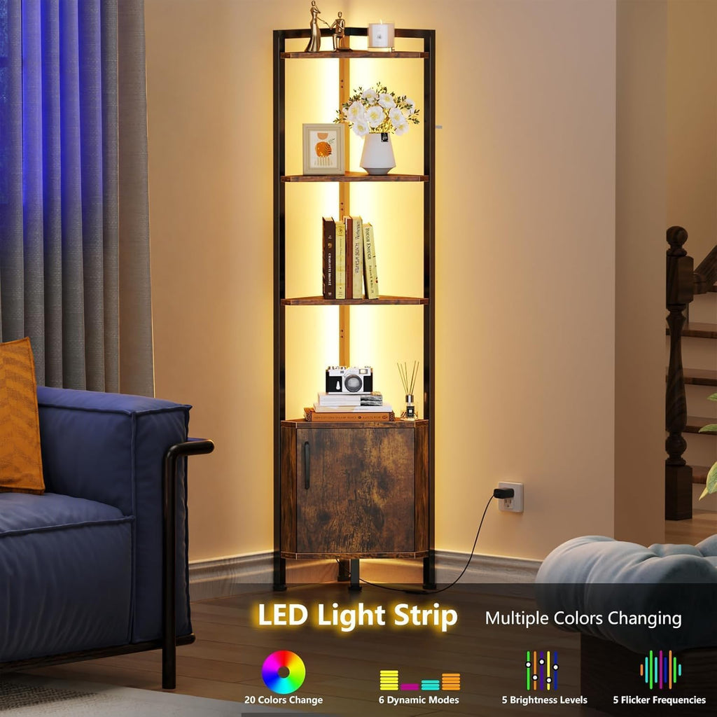 Furnulem Corner Shelf Cabinet,Corner Bookshelf with Storage and LED Light
