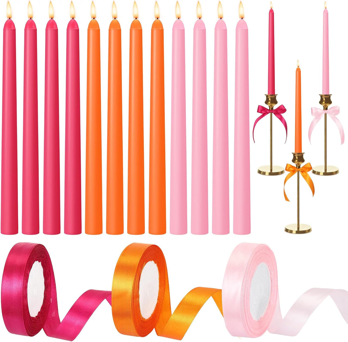 12 Pcs Pink and Orange Party Taper Candles with 3 Roll Ribbon