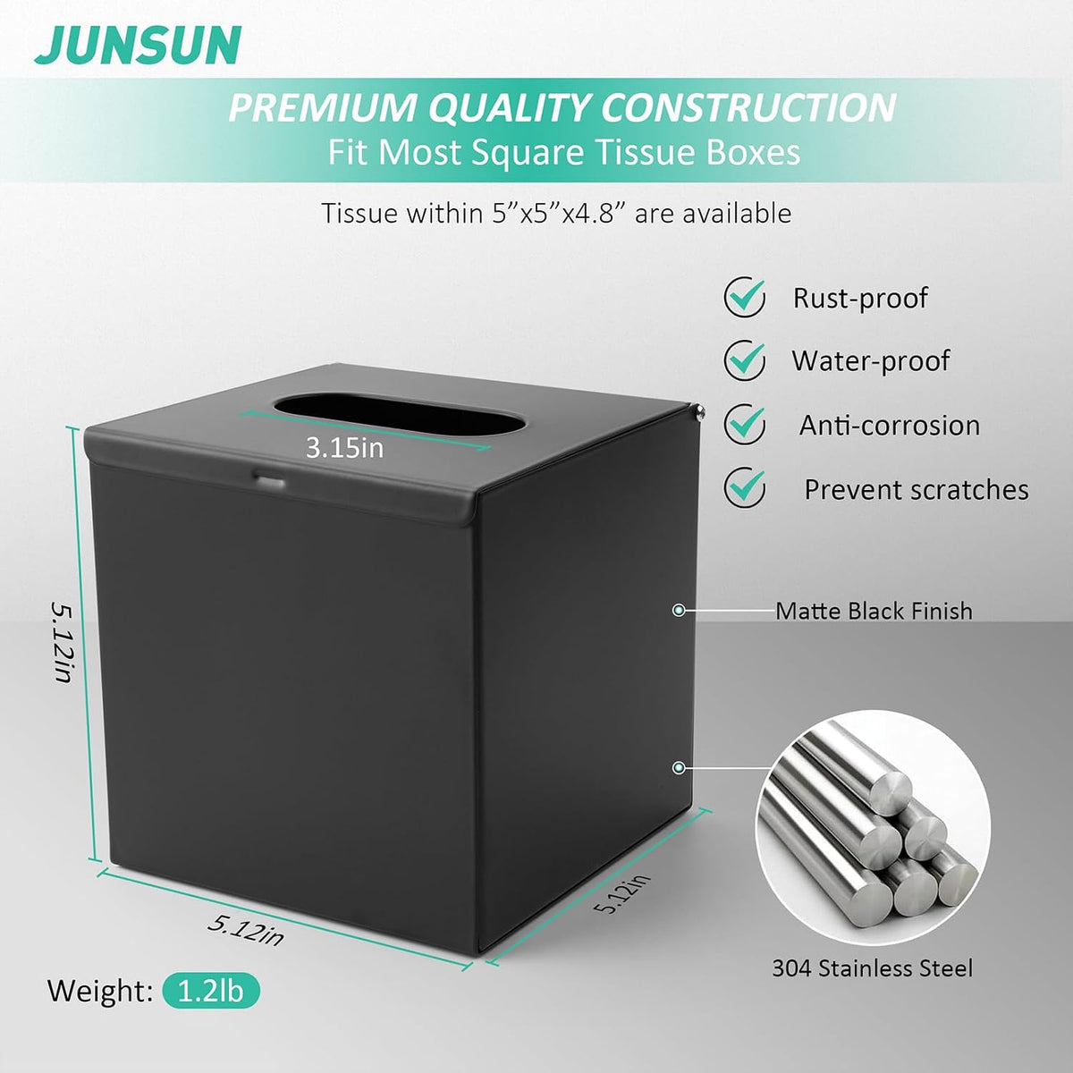 JunSun Square Tissue Box Cover Tissue Box Holder Napkin Holder Tissue Cube Box Decorative Holder for Bathroom Bedroom Office Dresser Nightstand Desk Tabletop 5"X 5" X 5"-Stainless Steel Matte Black