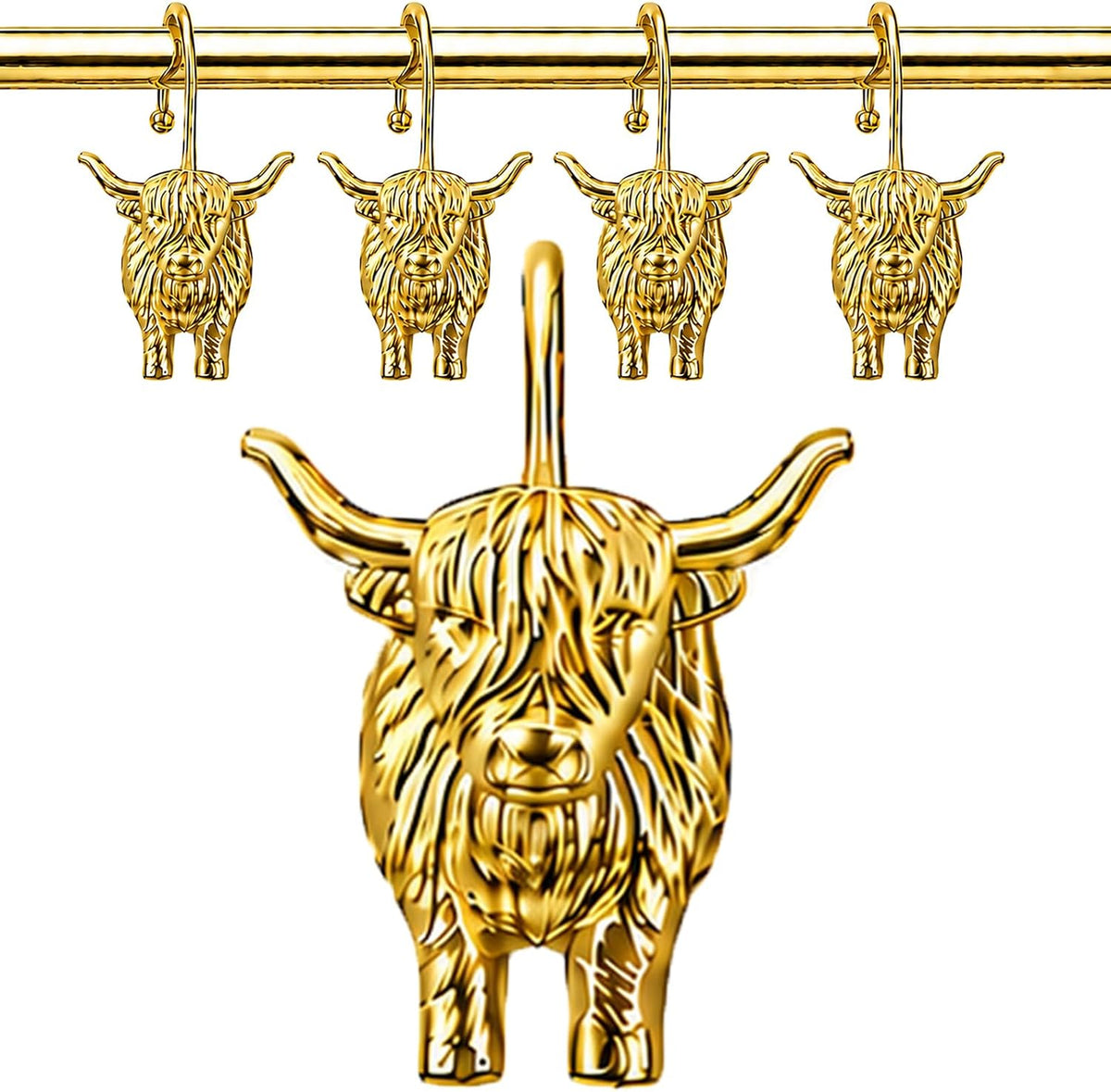 Highland Cow Shower Curtain Hooks, Rust-Resistant Zinc Alloy Metal Hooks, Farmhouse Bathroom Decor, 12 Pack (Gold)