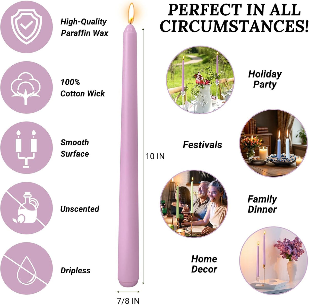 10 Inch Taper Candles Set - 10 Pack Unscented Colored Candle Sticks, 5 Colors x 2, Dripless and Smokeless, Long Burning 7-8 Hours Tapered Candle, Ideal for Dinner, Wedding, Home Decor