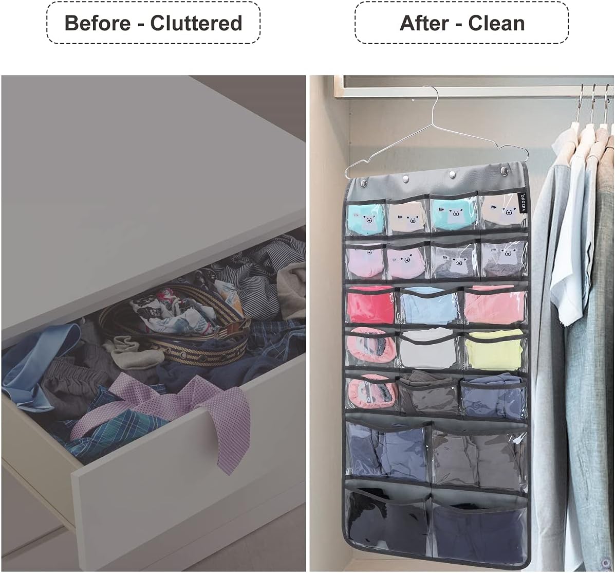 Dual Sided Hanging Organizer for Jewelry Makeup Storage Closet Organizers for Bows Socks Underwear with 42 Clear Pockets (GREY)