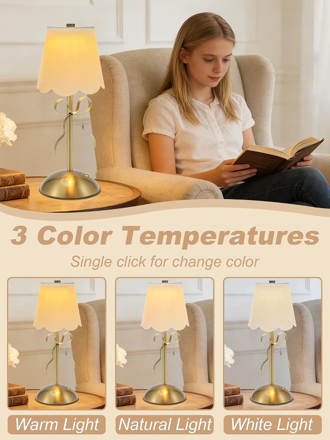 Cordless Small Table Lamp,Cute LED Desk Lamp,Gold Bow Lamp