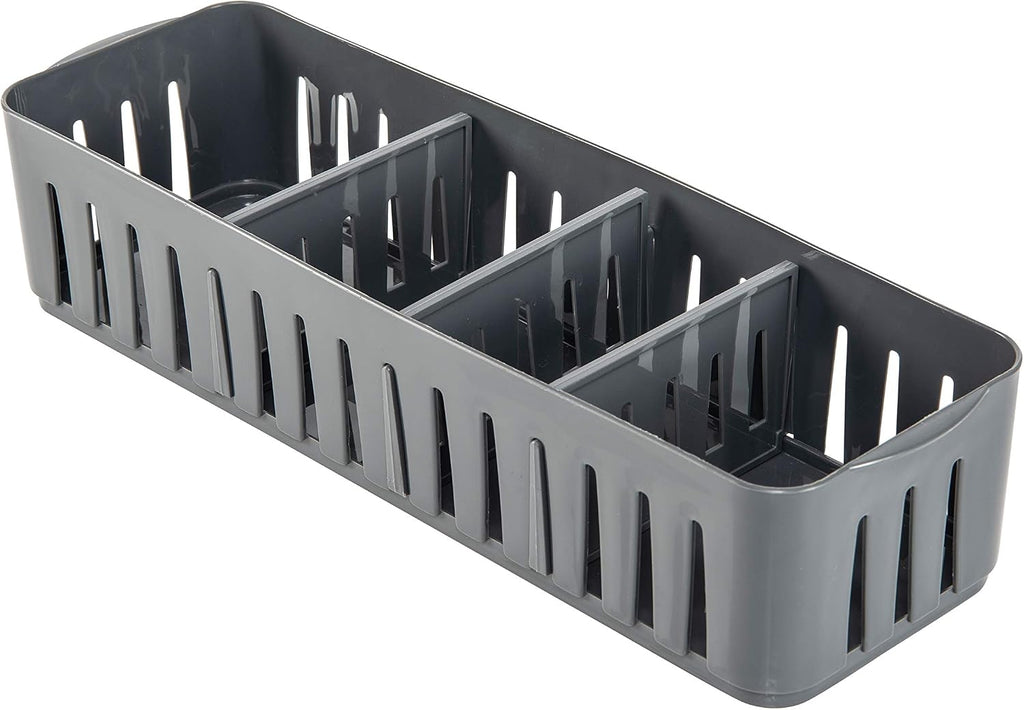 Simplify 4 Compartment Stackable Bin with Adjustable Dividers | Drawer Organizer | Storage Basket | Good for Office | Desk Supplies | Dorm |Bathroom | Accessories | Make Up | Grey