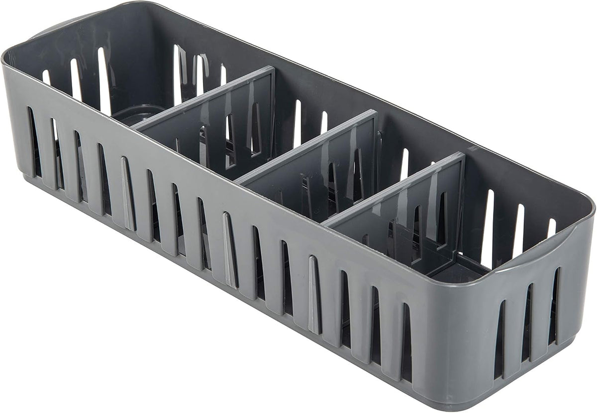 Simplify 4 Compartment Stackable Bin with Adjustable Dividers | Drawer Organizer | Storage Basket | Good for Office | Desk Supplies | Dorm |Bathroom | Accessories | Make Up | Grey