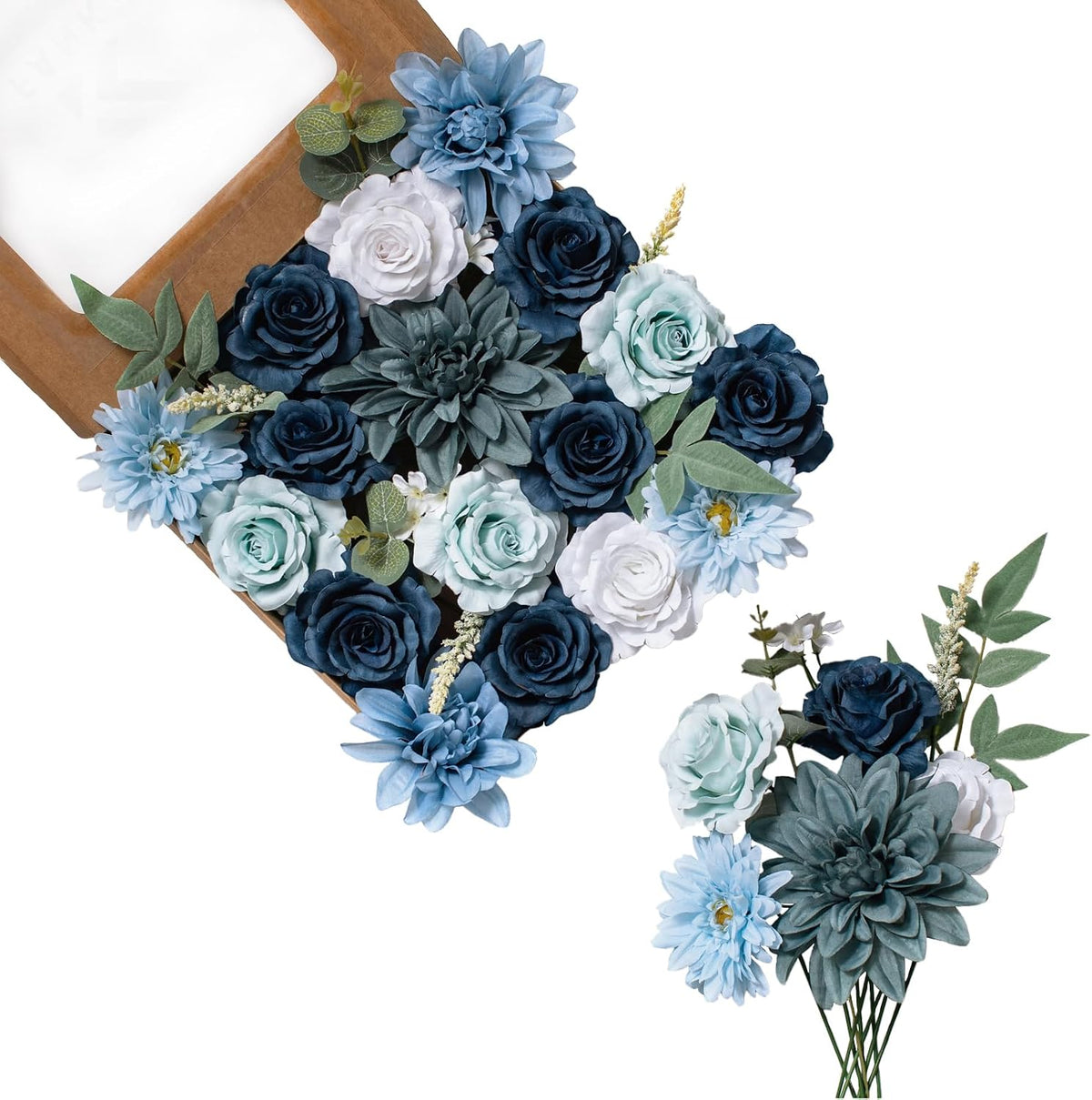 FANKO Fall Artificial Flowers for DIY, Blue White Faux Flowers Bouquet, Fake Flowers with Roses Dahlia Daisy Silk Flowers for Vase, Fall Home Decor, Wedding Centerpiece, Floral Arrangement Décor