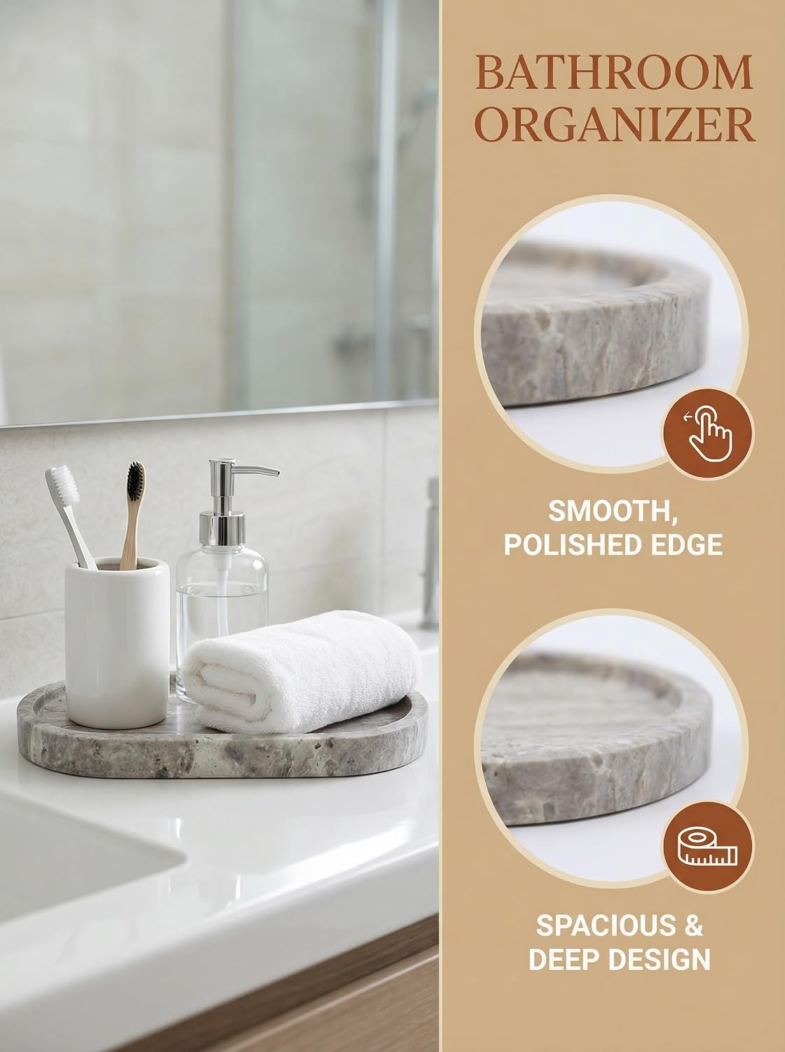OOBOOB Oval Natural Marble Tray,Elegant Vanity Organizer for Jewelry, Perfume, Decorative Serving Tray for Coffee, Tea, or Dining Table Centerpiece,Countertop Storage Organizer for Home Bathroom
