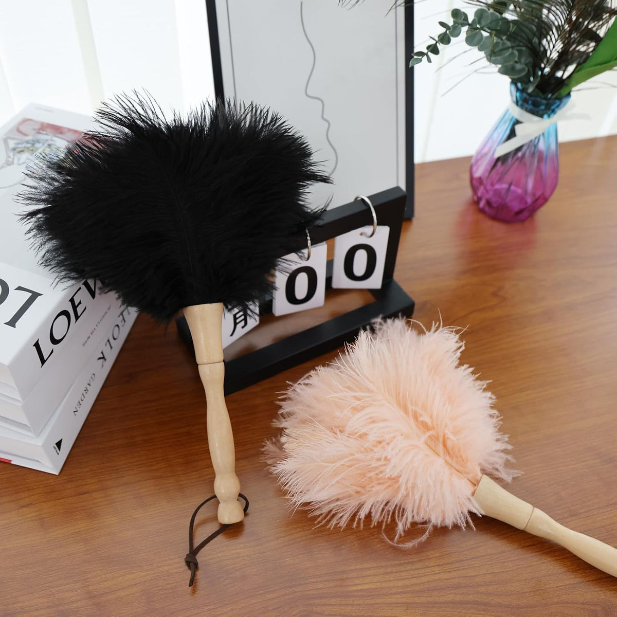Ostrich Feather Duster 12 Inch Handheld Duster Supplies, Wooden Handle Feather Duster for Cleaning Keyboard Home Car Office (Champagne 2Pcs)