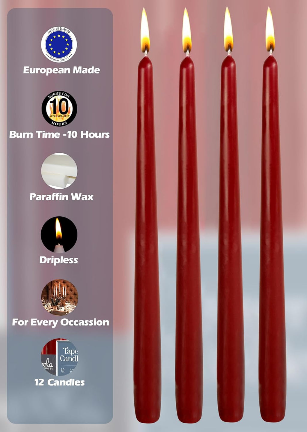 12 Pack Tall Taper Candles - 12 Inch Burgundy Dripless, Unscented Dinner Candle - Paraffin Wax with Cotton Wicks - 10 Hour Burn Time