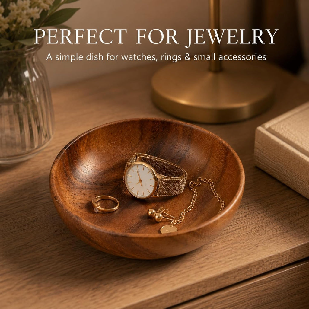 Small Acacia Wood Decorative Bowl, Entryway Key Tray Countertop Organizer