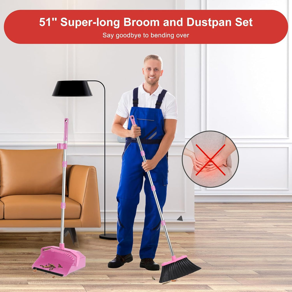 Tiumso Broom with Dustpan Combo Set, 51'' Broom and Dustpan Set, Brooms and Dust Pan with Handle, Brooms with Standing Dustpans, House Broom for Pets Hair and Floor Cleaning - Pink