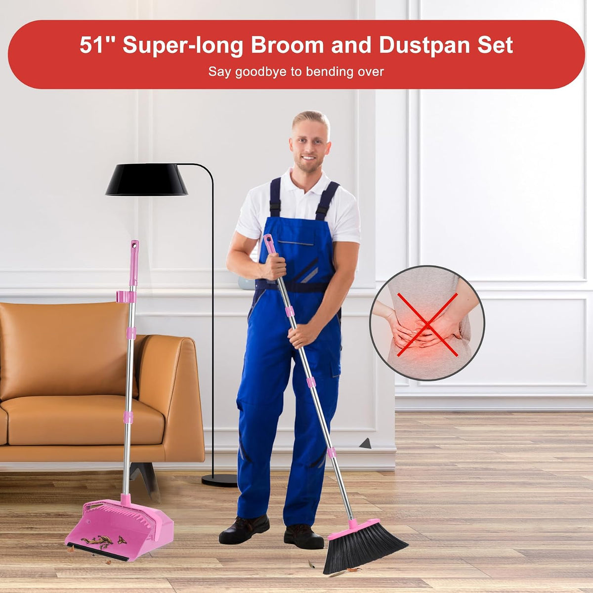 Tiumso Broom with Dustpan Combo Set, 51'' Broom and Dustpan Set, Brooms and Dust Pan with Handle, Brooms with Standing Dustpans, House Broom for Pets Hair and Floor Cleaning - Pink