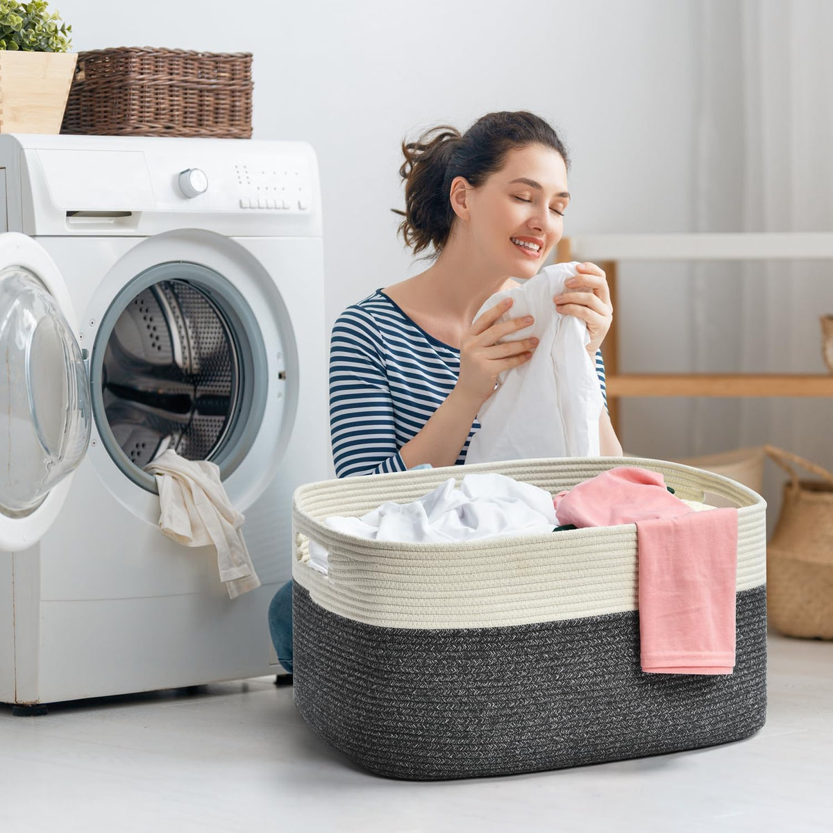 Issudata Large Blanket Basket, Rectangle Woven Baskets for Storage, Blanket Storage for Living Room, Cotton Rope Basket for Toys，Big Storage Basket for Blankets