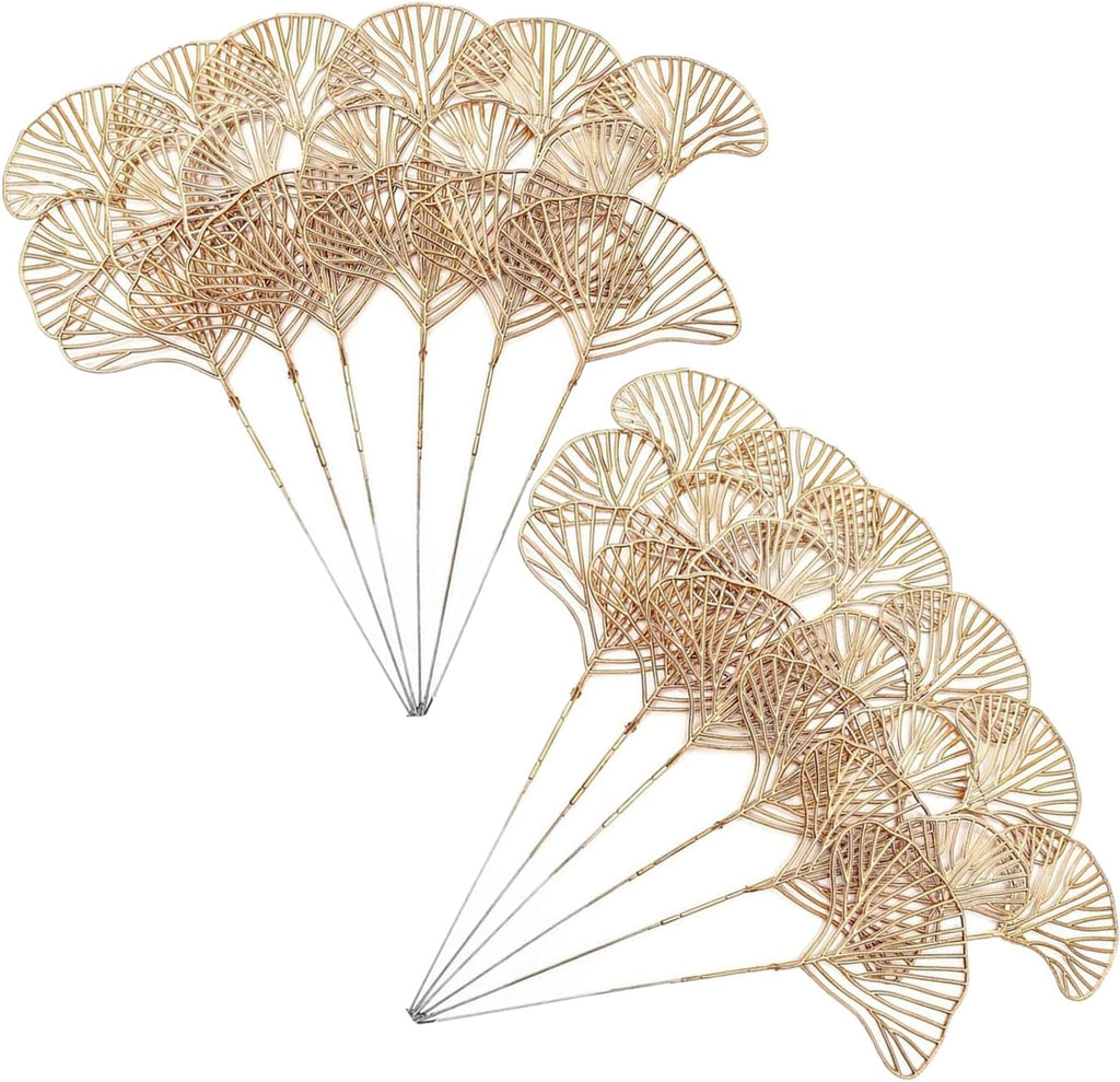 Fake Gold Ginkgo Leaves Stems 14 Inch 12 Pack, Artificial Golden Apricot Leaves Faux Apricot Leaf Stem Glitter Picks Bushes Faux Plants Decor Simulation Plant for Indoor Home Wedding Party Decoration