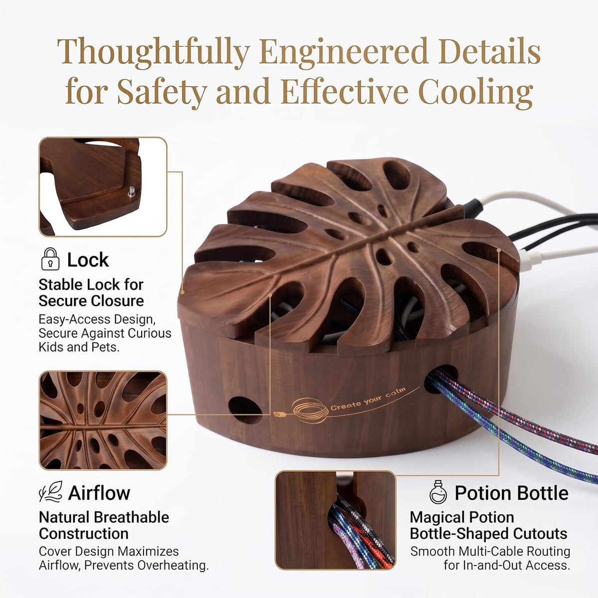 Acacia Wood Cable Management Box, Wooden Hider & Organizer for Power Strip