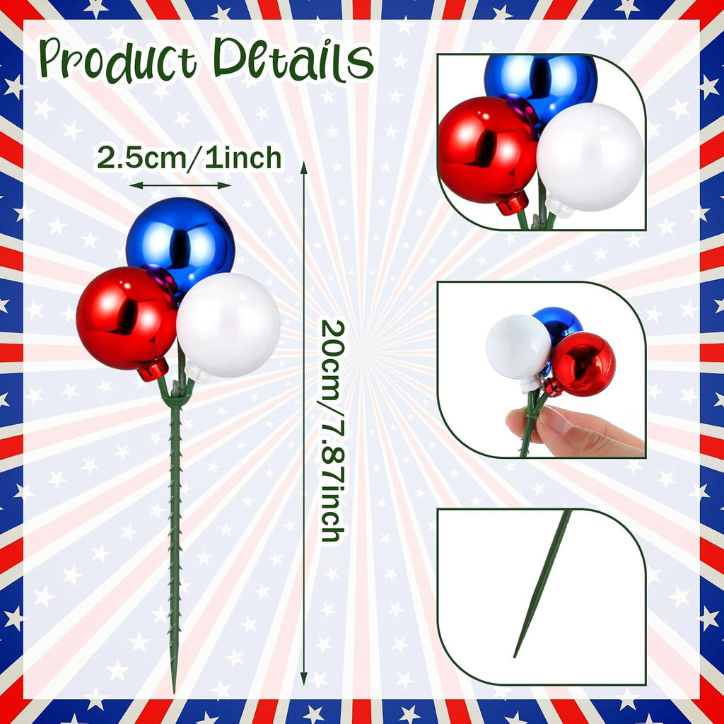 Syhood 12 Sets 7.9 Inch Red White Blue Veterans Day Ball Picks and Sprays