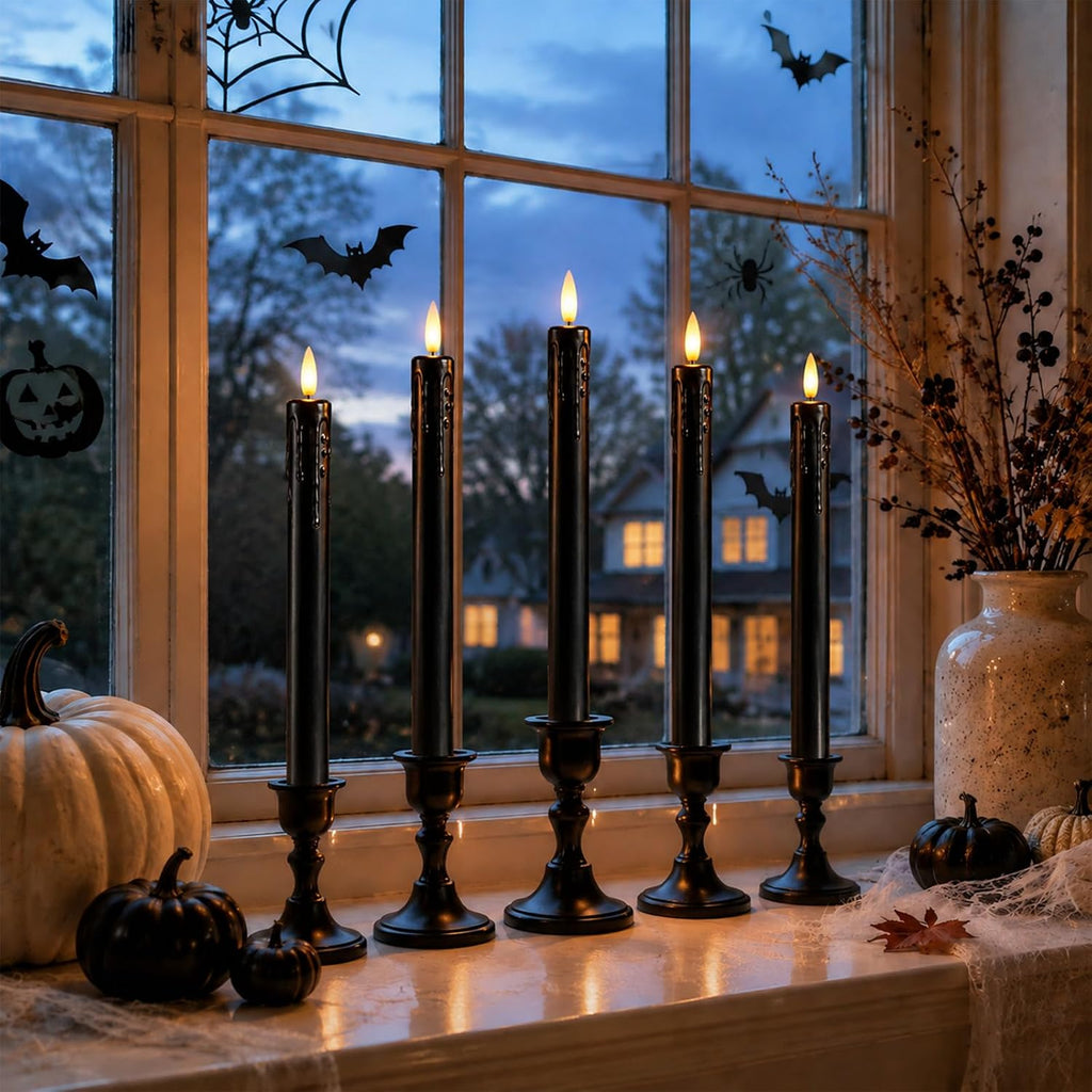Black Flameless Taper Candles, Halloween Indoor Party Decorations, Real Wax