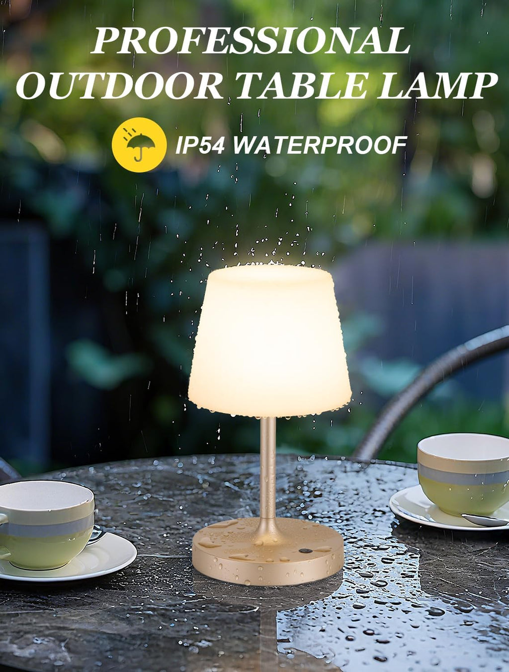 Kakanuo Champagne Gold Shower Lamp Waterproof, Rechargeable Cordless Lamp with 4000mAh Battery, Touch Dimmable Table Lamp for Outdoor, Kitchen, Bathroom, Camping, Patio, IP54