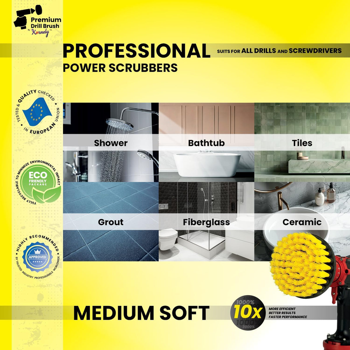Premium Drill Brush Professional – Medium-Soft 5 in Yellow Set of 3 | Scratch-Free Cleaning Brush for Tile, Grout, Bathtub, Shower, Fibreglass and Ceramic Surfaces