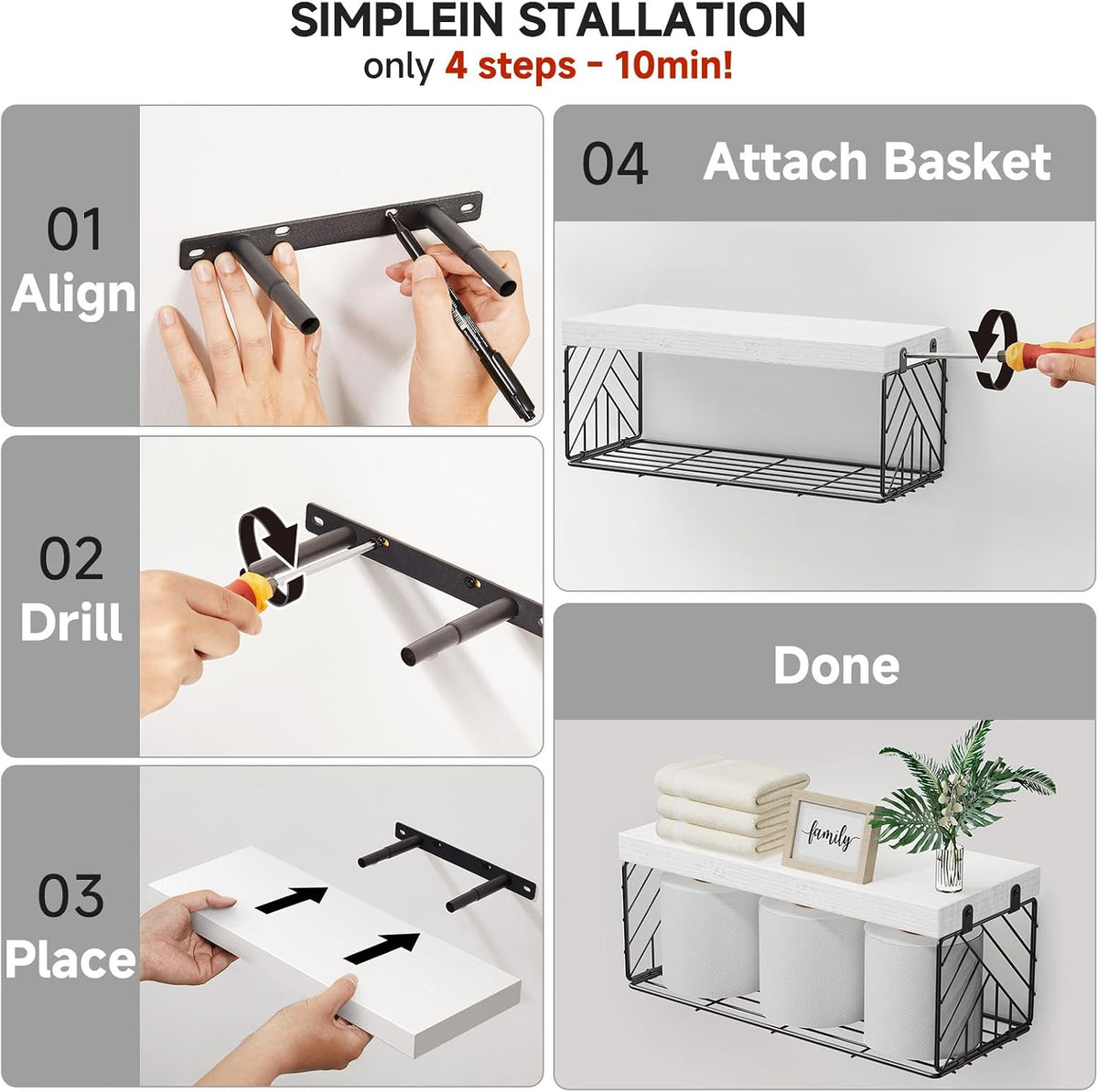 BAYKA White Floating Bathroom Shelves, 15.7in, 3Pk, Wall Mount Wood Shelf