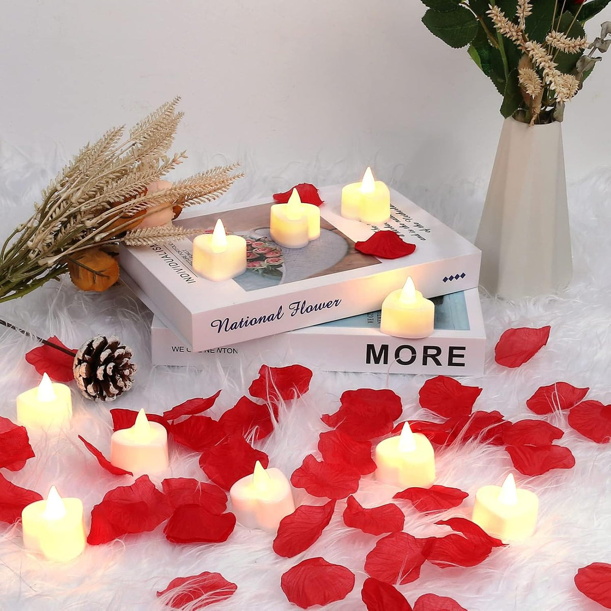 1000Pcs Red Rose Petals with 24 LED Heart Fake Rose Petals and Candles Set