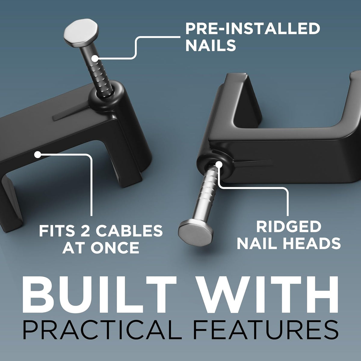 THE CIMPLE CO Dual Coaxial Cable Clips 1/2 in - Indoor/Outdoor Cable Fasteners for Coax, Ethernet, CAT, Wires, and Tubing - Twin Wire Clips with Nails 1/2 Inch (12 mm) - 10 PCS, Black