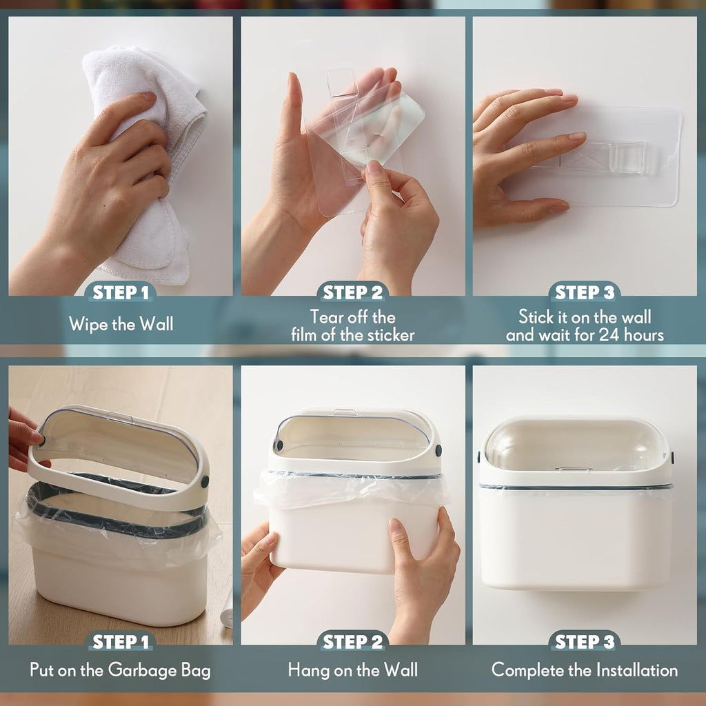 Bokon 2 Pack Mini Trash Can with Lid, 0.5 Gal Small Wall Mounted Trash Bin for Bathroom Vanity, Desk, Countertop, Cabinet Door and Office, Includes 120 Trashbags, White