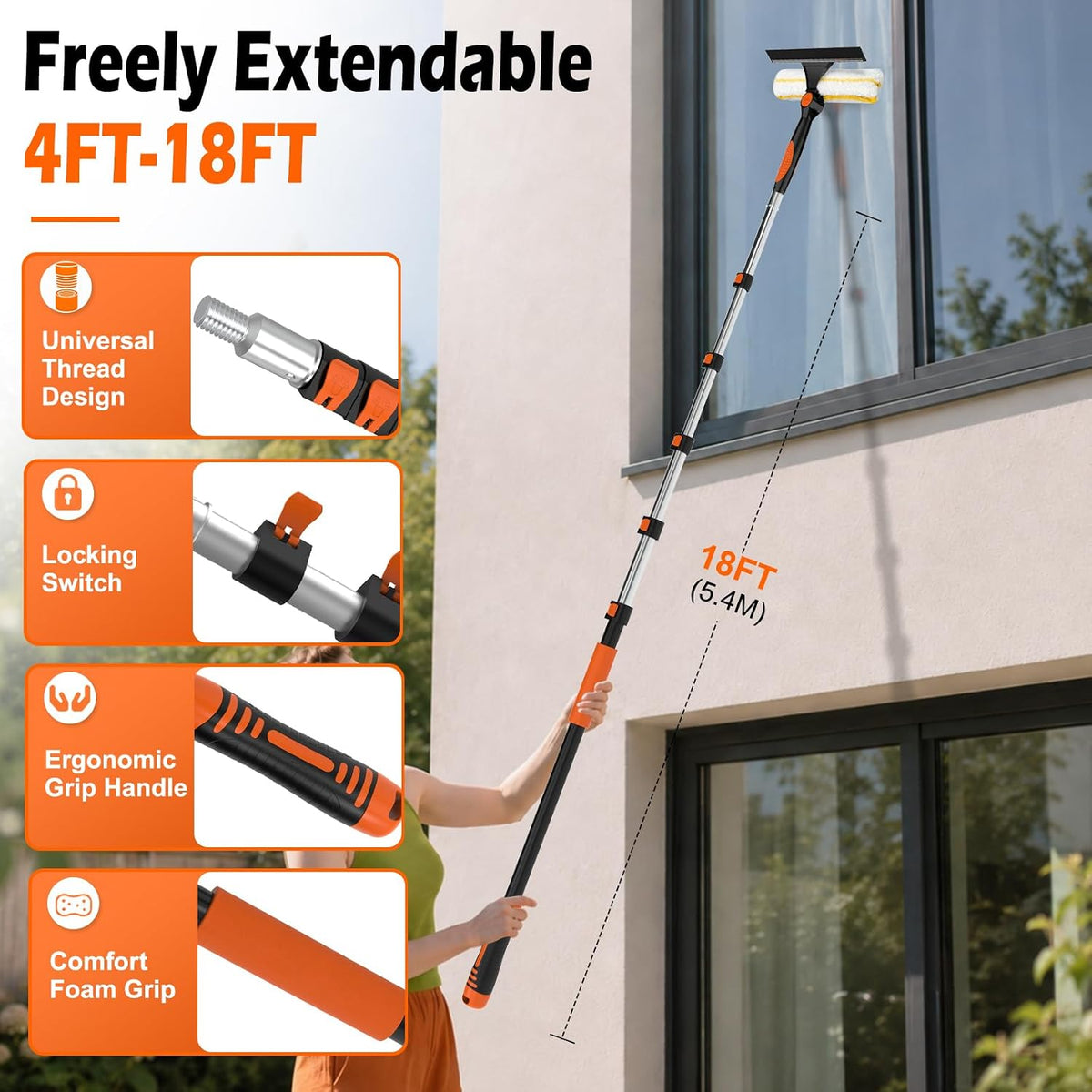2-in-1 Window Squeegee, 18FT Window Cleaner Tool with 14" Head