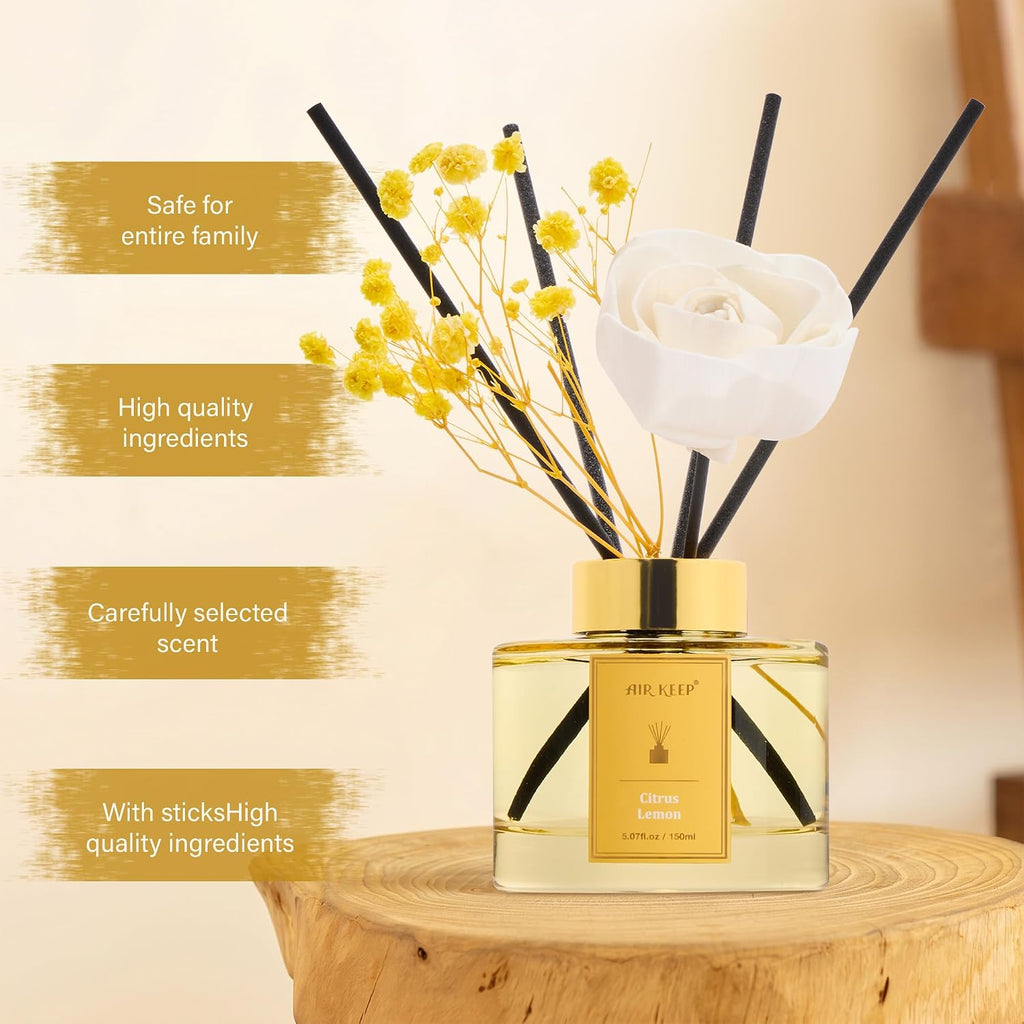Airkeep Flower Reed Diffuser Set, Citrus Lemon Diffuser Set, 5.07 Fl.oz (150ml), Home Fragrance, Bathroom, Bedroom & Home Décor, Air Freshener