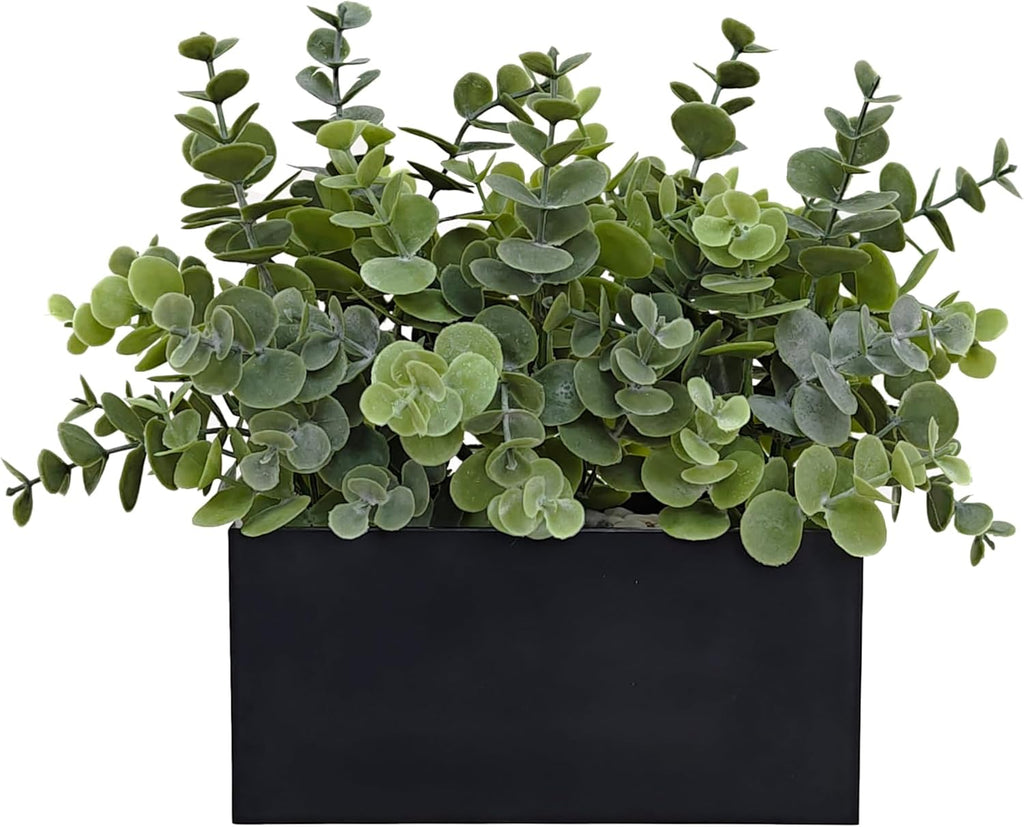 365 Blooming Decor Fake Eucalyptus Plants in Black Planter Box - Luxury Potted Artificial Eucalyptus Greenery with Real Pebbles for Farmhouse Bathroom, Shelf, Windowsill Décor//No Assembly Required//