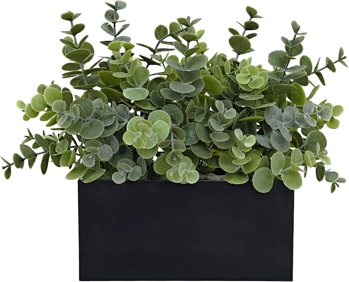 365 Blooming Decor Fake Eucalyptus Plants in Black Planter Box - Luxury Potted Artificial Eucalyptus Greenery with Real Pebbles for Farmhouse Bathroom, Shelf, Windowsill Décor//No Assembly Required//