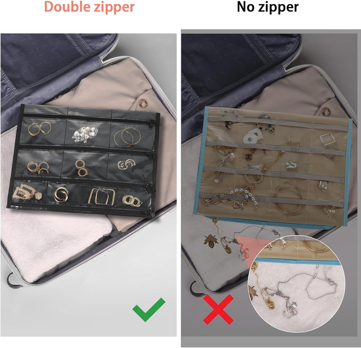 FOREGOER Hanging Jewelry Organizer 58 Zippered Pocket, 2-Sided, Black