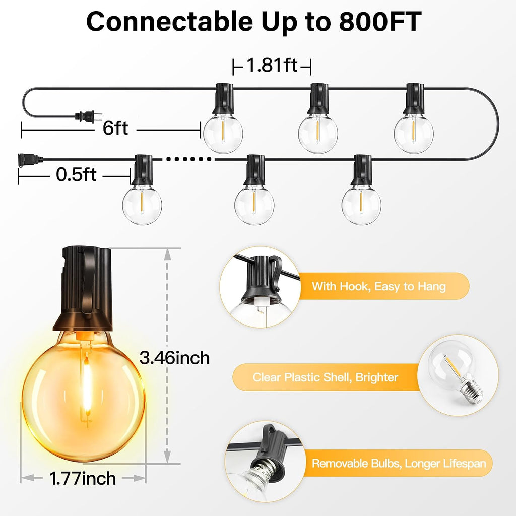Outdoor String Lights, 50FT G40 Patio Lights with Remote, Balck