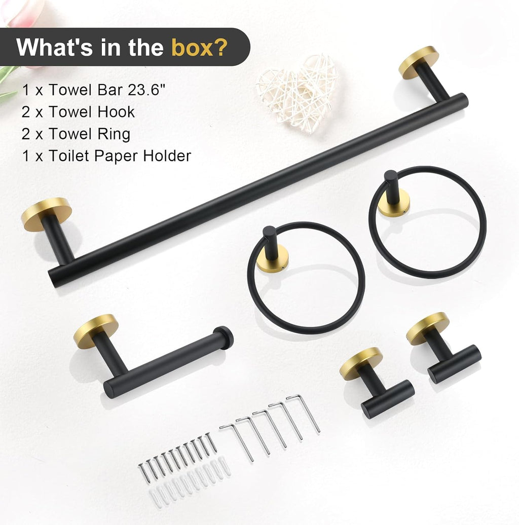 TQKAG Black and Gold Bathroom Hardware Set, 6-Piece Towel Bar Set 23.6 Inch