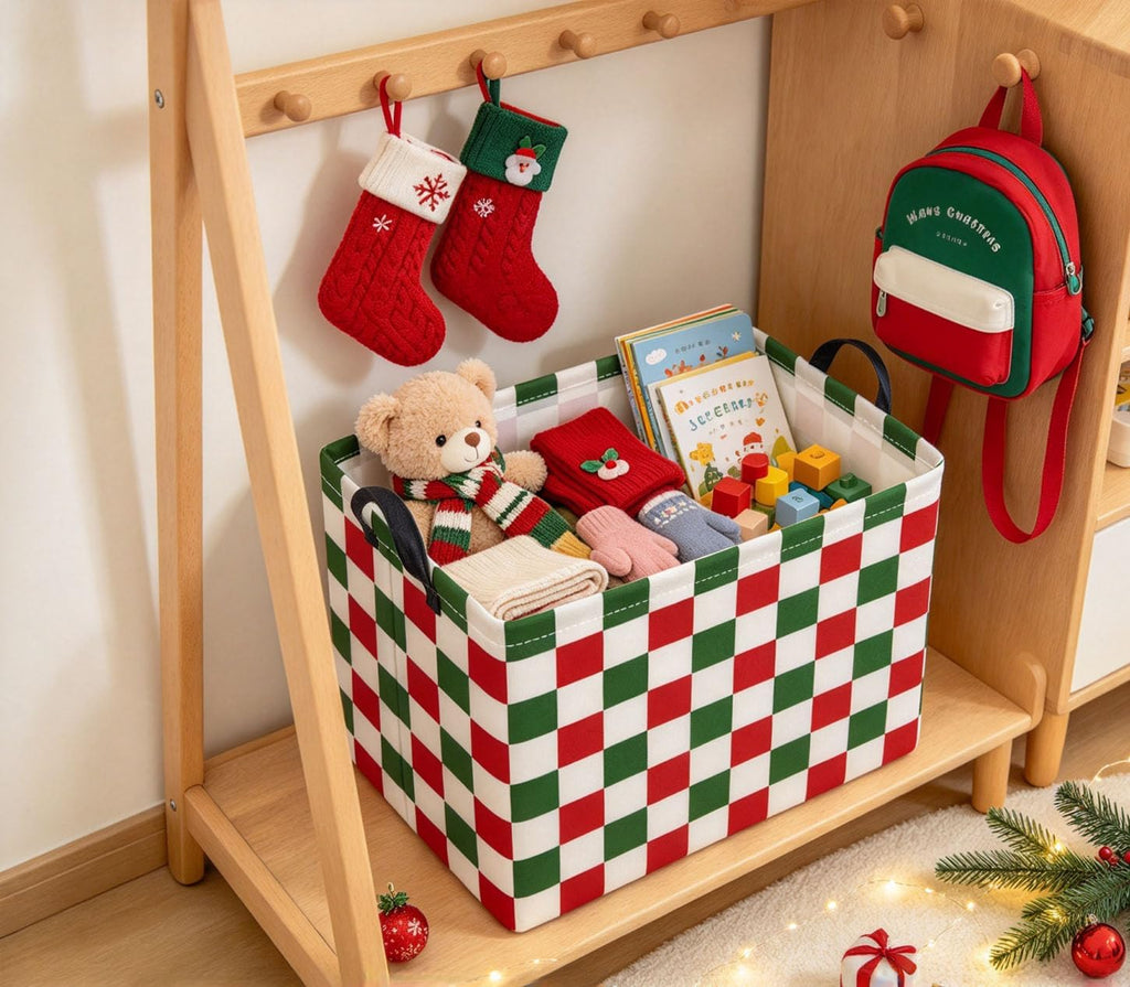 Rectangular Christmas Basket Fabric Storage Bin Boxes Collapsible Storage Basket for Clothes Books Shelves(Red Green Checkered)