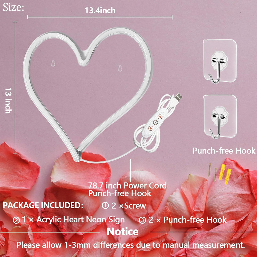 Pink Heart Neon Sign, Neon Heart Light for Wall Decor, Love Hearts LED Light up Sign 13.4×13 Inch Dimmable USB Powered Romantic Light Sign for Bedroom Valentine's Kids Room Wedding Party Decoration
