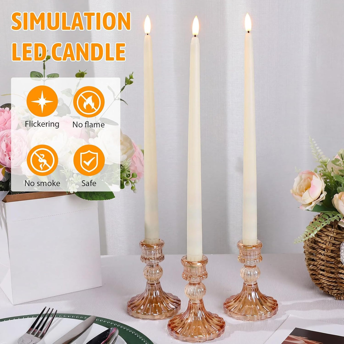 Baquler 24 Pcs 12.4 Ivory Flameless Taper Candles Bulk