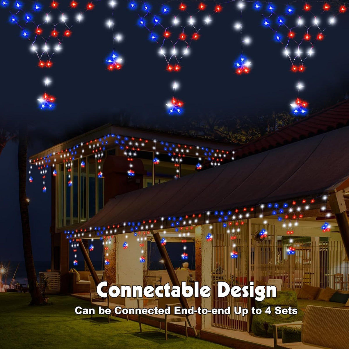 DANLI 4th of July Lights 13.8ft 200 LED Red White Blue Net Lights with 12 Stars,8 Modes Curtain Lights with Remote Timer,Dimmable & Waterproof for Outdoor Decorations Balcony Porch Fence Window
