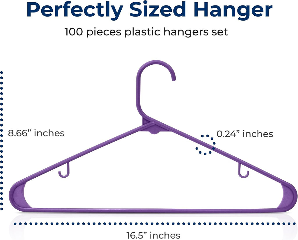 SereneLife 100 Pack Plastic Hangers | Organize Shirts, Dresses, Coats & Pants with Ease | Non-Slip, Lightweight, Ultra-Thin 0.24-Inch Profile, 5.5 Lbs Capacity, Space-Saving Design | Purple