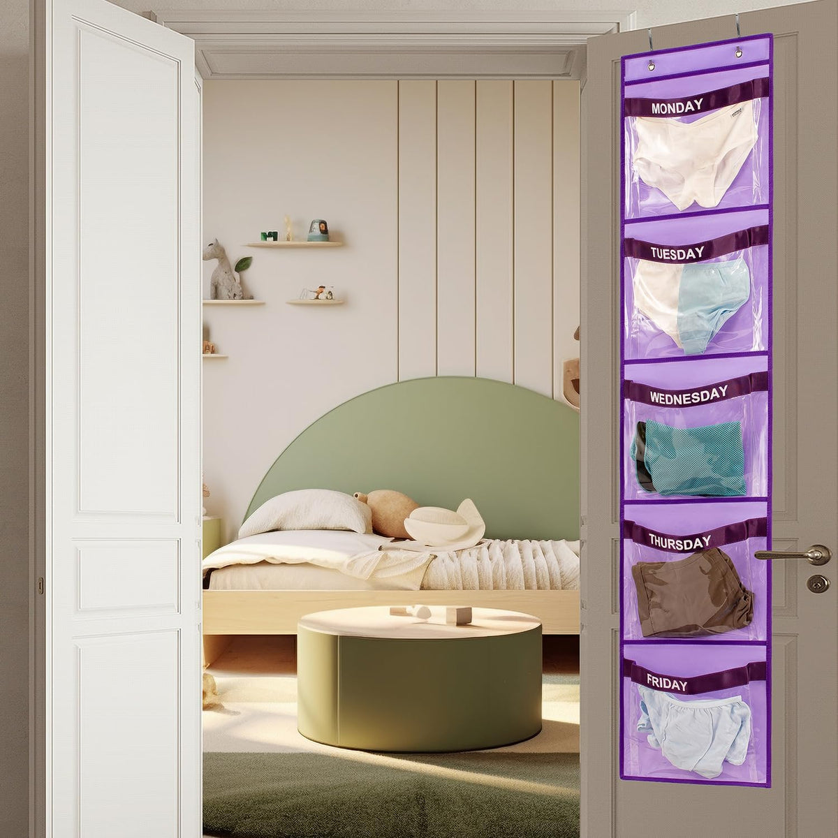 2 Pcs Day of Week Clothing Organizer Monday to Friday School Clothes Organizer for Kids Weekly Hanging Closet Organizer (Purple)