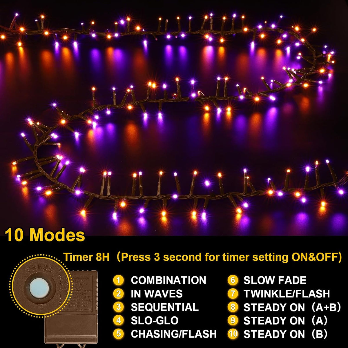 LAMPHOME 500 LED String Lights Outdoor, 16 Modes Plug in Twinkle Fairy Lights for Bedroom, 46ft 500LED Halloween Lights Cluster Lights Outdoor Waterproof-Purple&Orange