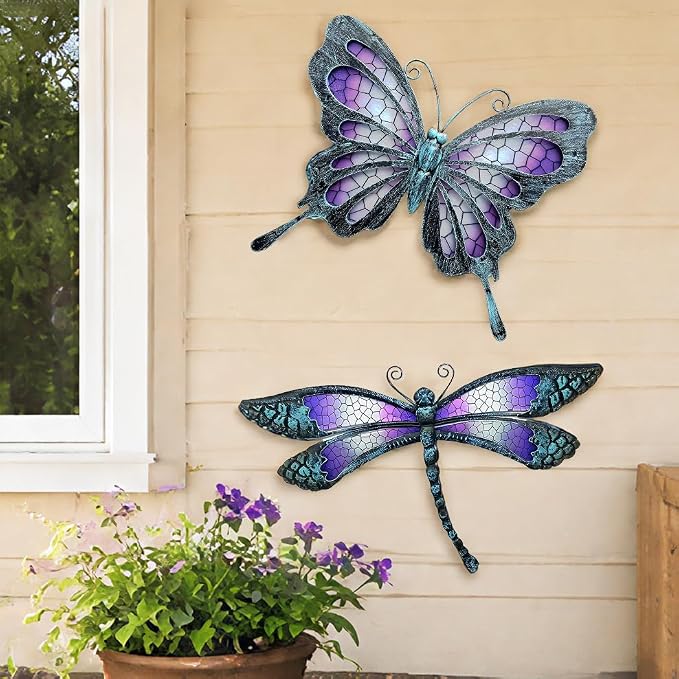 POXOHO Metal Butterfly & Dragonfly Outdoor Wall Decor Art Set of 2