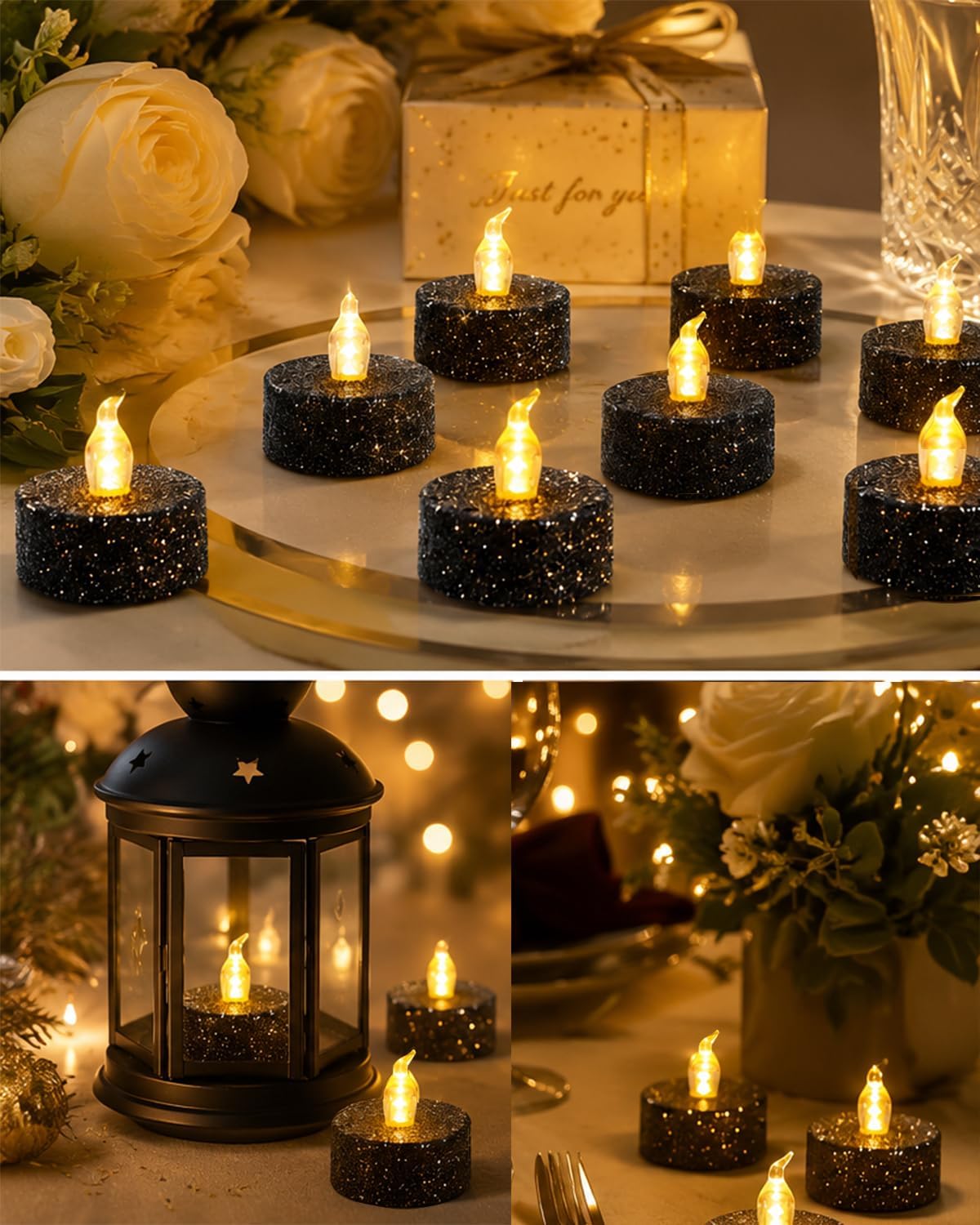 12PCS Black Glitter Tea Lights Canldes Battery Operated with Timer