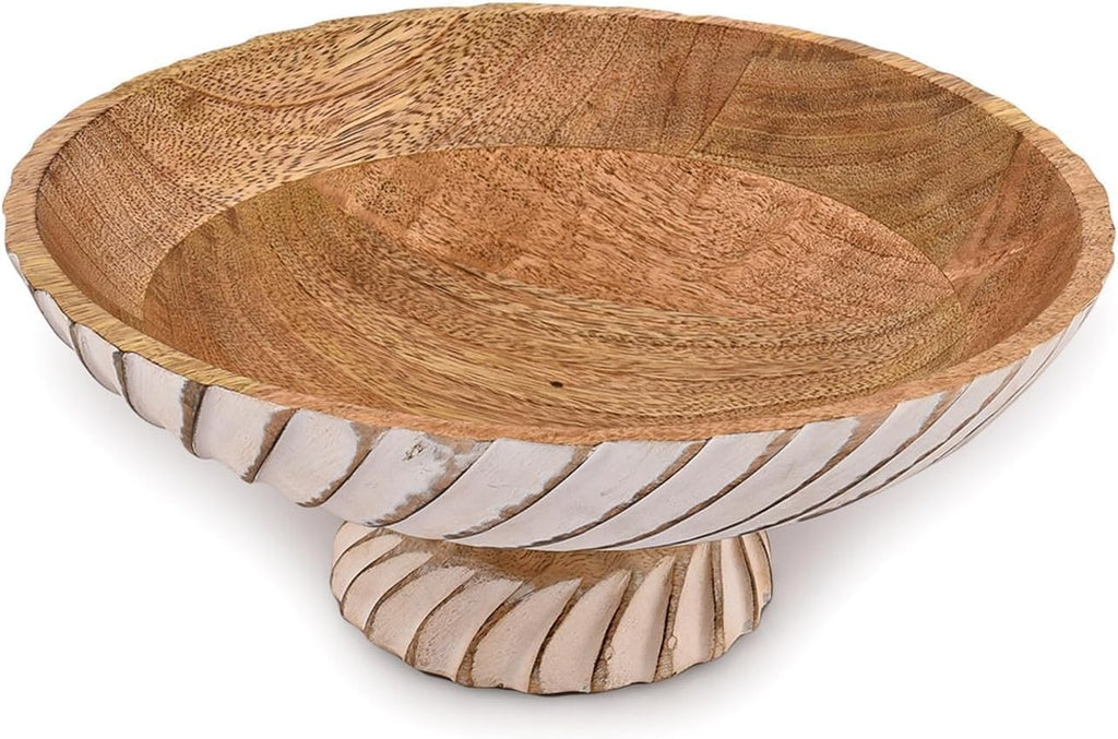 NIRMAN FRUIT BOWL Mango Wood Fruit Bowl Pedestal Bowl for Table Décor, Wooden Fruit Bowl for Kitchen Counter Pedestal Fruit Bowl, Dried Fruit (12" X 12" X 4.75")